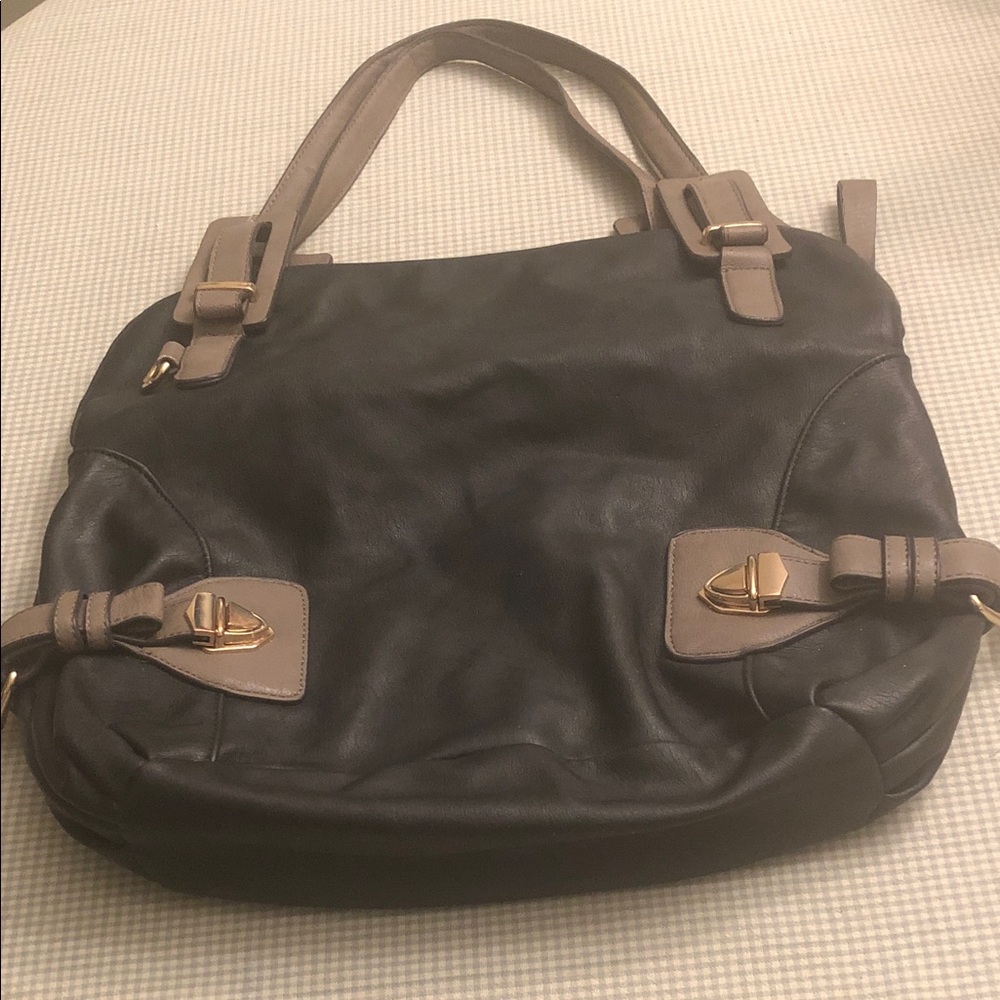 Black Rivet Elegant Black & Taupe Tote Shoulder Bag Zip Double Handles #860